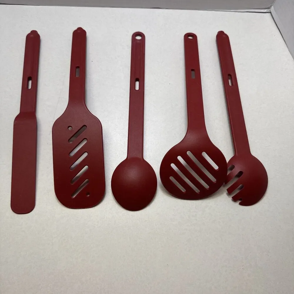 Tupperware Paprika Red Duos Utensil Set 5 Piece Set Spoon Fork Ladle Vintage